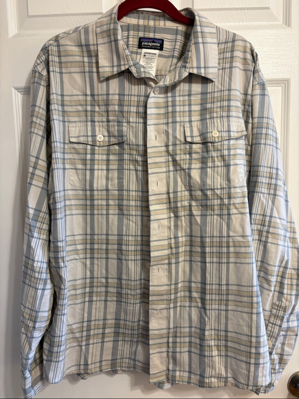 Patagonia Men's Plaid Button-Down Shirt - Light Blue & Cream, 100% cotton